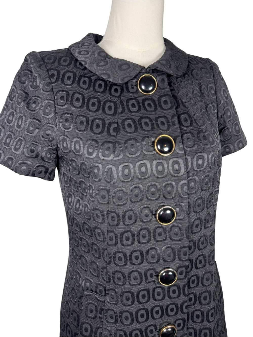 Milly NY Black Jacquard Coat Dress Peter Pan Collar Mod Twiggy Sz 4 - Picture 3 of 10